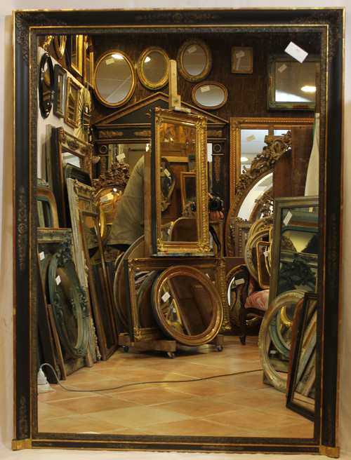 Large Antique Fireplace Mirror, Empire Molding, Black And Gold Patina 113 X 153 Cm