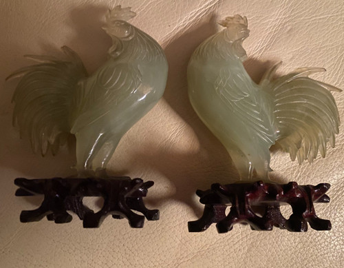 Very beautiful pair of almond green jade roosters on precious carved openwork Chinese wood base