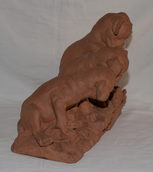 Terracotta "three Puppies" Signed Georges Lucien Vacossin Early 20th Century