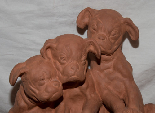 Terracotta "three Puppies" Signed Georges Lucien Vacossin Early 20th Century