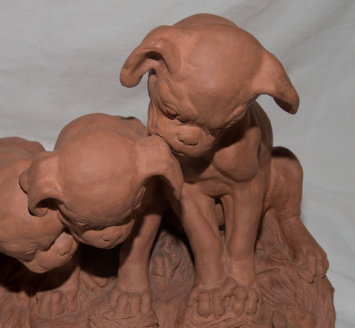 Terracotta "three Puppies" Signed Georges Lucien Vacossin Early 20th Century