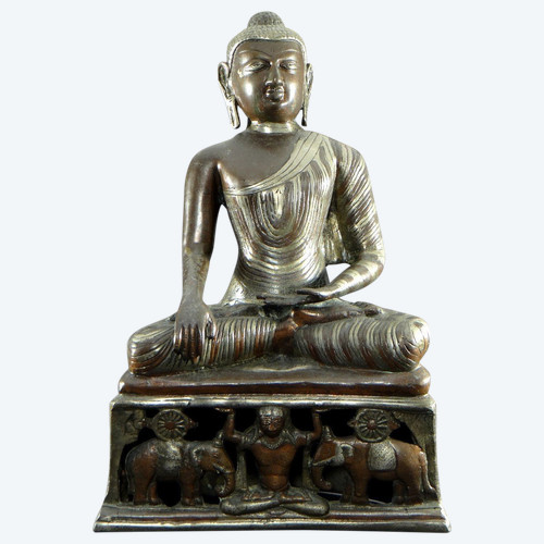 Burma, 1920s/1930s, Bronze Buddha Statue with Double Copper and Silver Patina.