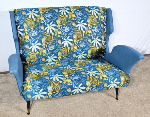 2-Seater Bench in Azure Blue Fabric – 1940s