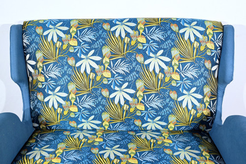 2-Seater Bench in Azure Blue Fabric – 1940s