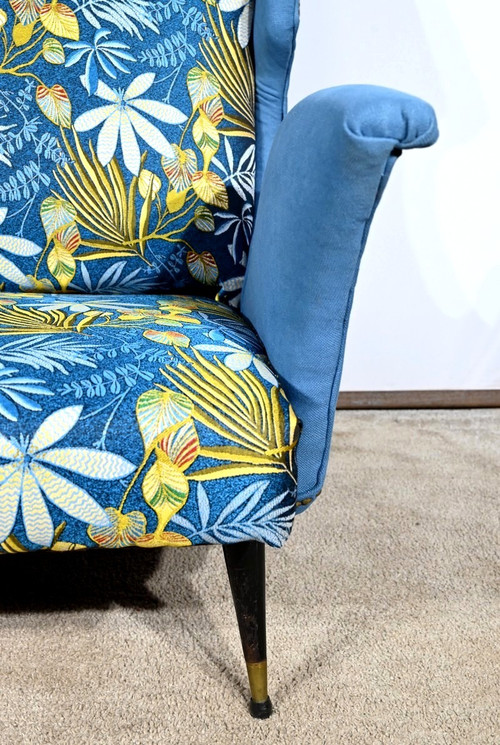 2-Seater Bench in Azure Blue Fabric – 1940s