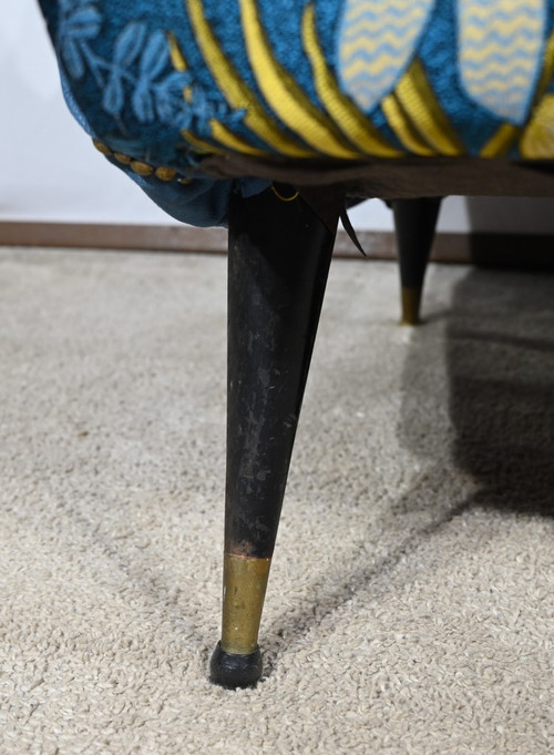 2-Seater Bench in Azure Blue Fabric – 1940s