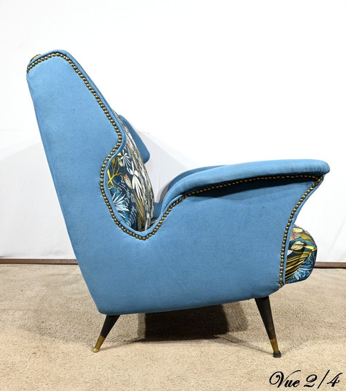 2-Seater Bench in Azure Blue Fabric – 1940s