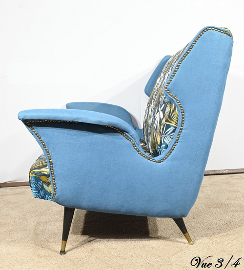 2-Seater Bench in Azure Blue Fabric – 1940s