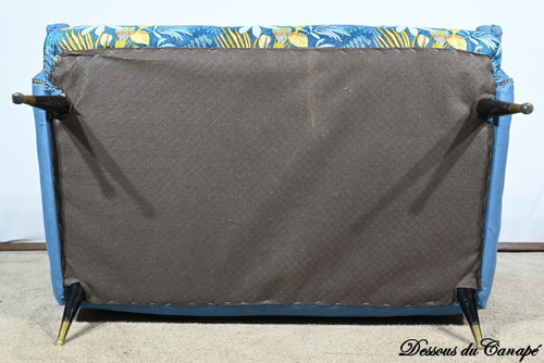 2-Seater Bench in Azure Blue Fabric – 1940s