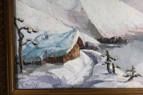 Dipinto "Paesaggio di montagna sotto la neve) firmato C.Berthet