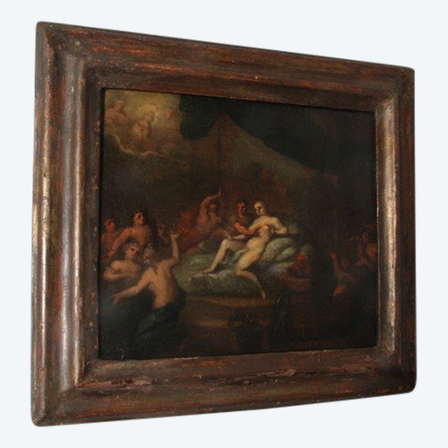 Ancient oil painting on canvas 18th century "Interior scene in ancient Mecca frame. size 43 x 39