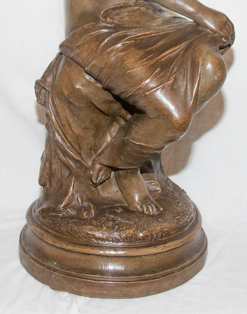 Terracotta Sculpture "the Bather" Signed Delaroche 1797-1856