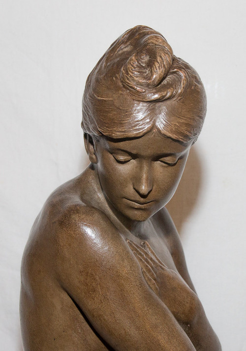 Terracotta Sculpture "the Bather" Signed Delaroche 1797-1856