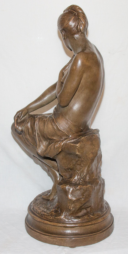 Terracotta Sculpture "the Bather" Signed Delaroche 1797-1856