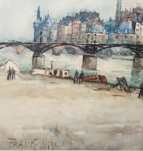 Acquerello "Le Pont Des Arts" Parigi, firmato Frank Will 1929