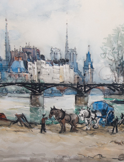 Acquerello "Le Pont Des Arts" Parigi, firmato Frank Will 1929