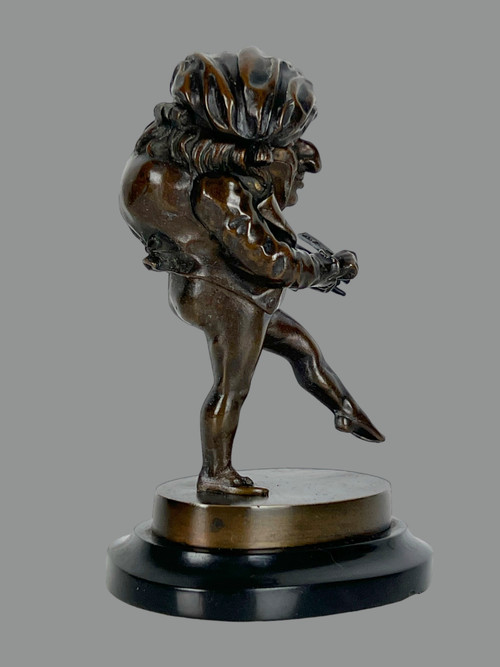 XIXth CENTURY PYROGEN / BRONZE CHARACTER ON MARBLE SOCLE "LE GROTESQUE" (THE GROTESQUE)