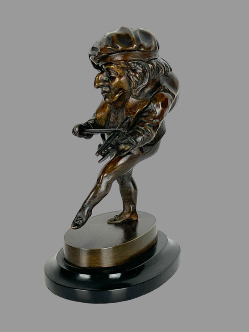 XIXth CENTURY PYROGEN / BRONZE CHARACTER ON MARBLE SOCLE "LE GROTESQUE" (THE GROTESQUE)