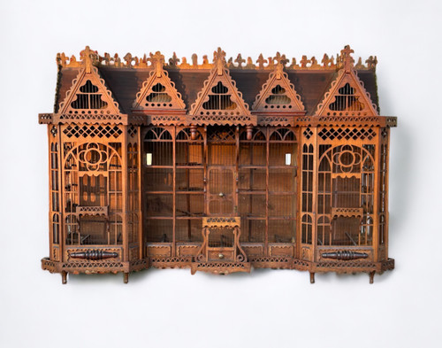 Importante Cage à Oiseaux - Volière Figurant Une Maison Début XXème L 158 cm