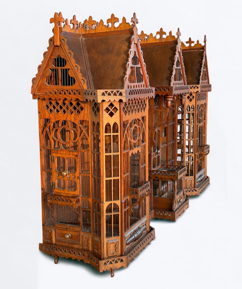 Importante Cage à Oiseaux - Volière Figurant Une Maison Début XXème L 158 cm