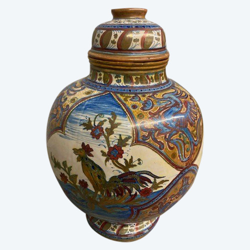 Antike große Potiche Santarelli Gualto Tadino Liberty Vase mit Hahn Höhe 48 cm