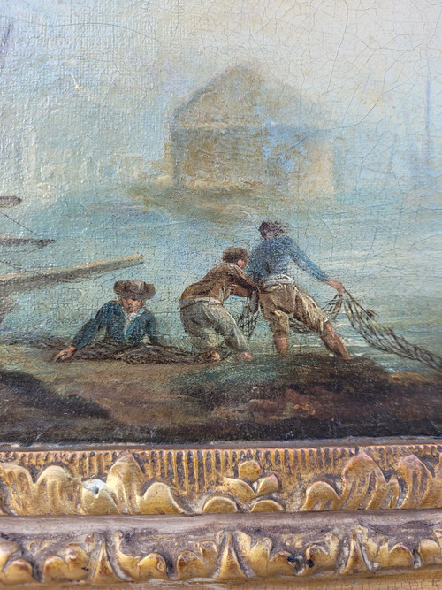 Animated Landscape Of Fishermen, Framed Oil On Canvas, France, 18th Century