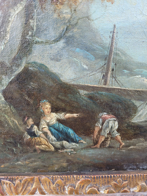 Animated Landscape Of Fishermen, Framed Oil On Canvas, France, 18th Century