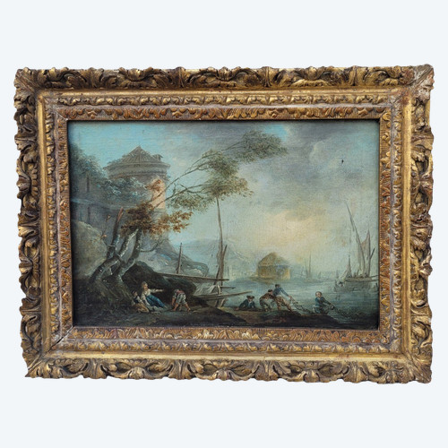 Animated Landscape Of Fishermen, Framed Oil On Canvas, France, 18th Century