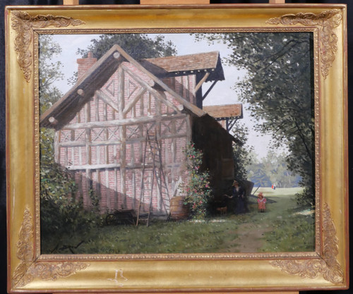 Alexandre BRUN 1853-1941 Normandy, the half-timbered house, painting, circa 1900