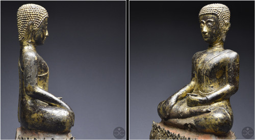 Ancien Royaume de Siam, XVIIIème-XIXème siècle, Grand Bouddha / moine en bronze laqué et doré