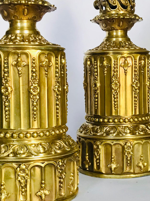 Pair of 19th century brass and gilded bronze lamps