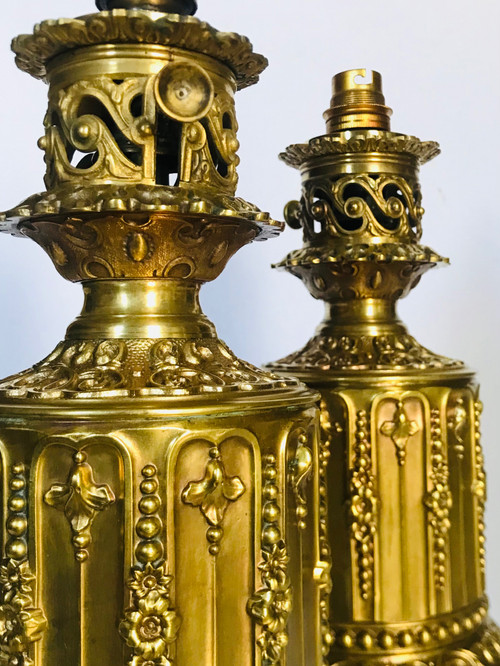 Pair of 19th century brass and gilded bronze lamps