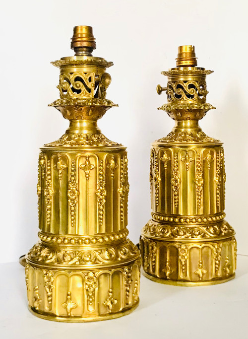 Pair of 19th century brass and gilded bronze lamps