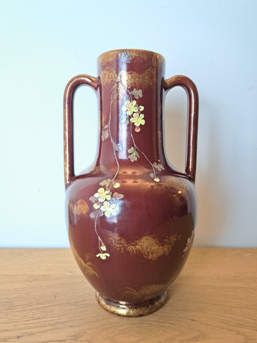 Clément Massier (at), Vaso con crisantemi di Tokyo e glicine, terracotta, Art Nouveau.