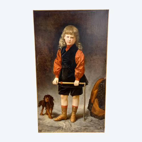 Portrait young boy with cavalier King Charles/19th century