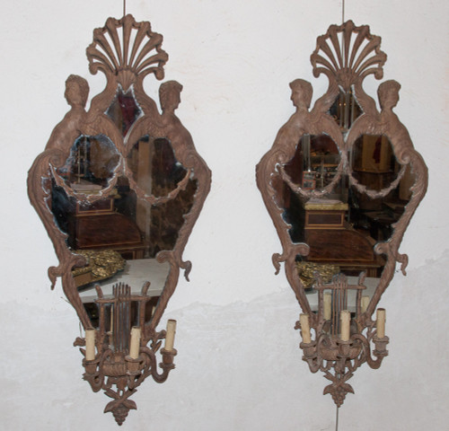 Large Pair of Mahogany Mirror Sconces Italy Circa 1850