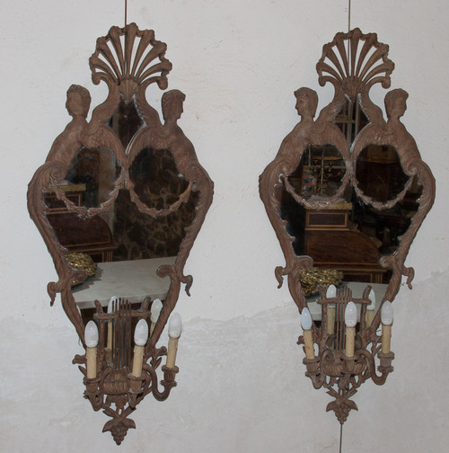 Large Pair of Mahogany Mirror Sconces Italy Circa 1850