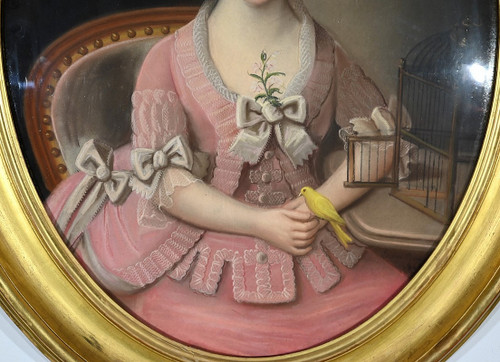 Important Pastel « La Jeune fille au Canari », école française du XIXe