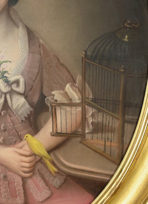 Important Pastel « La Jeune fille au Canari », école française du XIXe