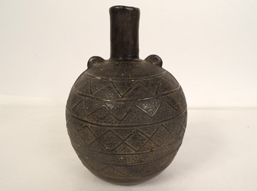 Vaso globulare precolombiano cultura Chimu Perù terracotta nera