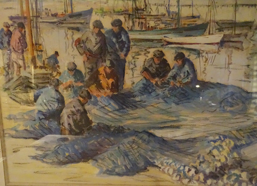 Watercolor Adrien Ravallec Fishermen Bringing Nets Port Concarneau Brittany 20th