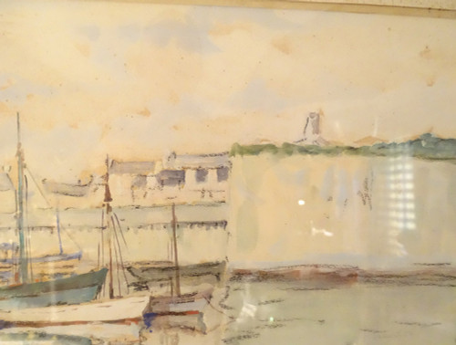 Watercolor Adrien Ravallec Fishermen Bringing Nets Port Concarneau Brittany 20th