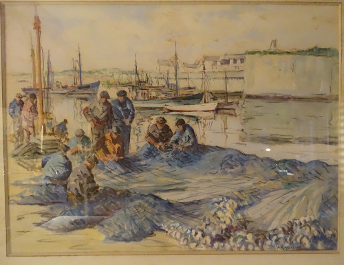 Watercolor Adrien Ravallec Fishermen Bringing Nets Port Concarneau Brittany 20th