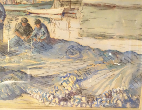 Watercolor Adrien Ravallec Fishermen Bringing Nets Port Concarneau Brittany 20th