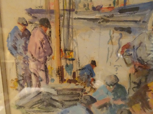 Watercolor Adrien Ravallec Fishermen Bringing Nets Port Concarneau Brittany 20th