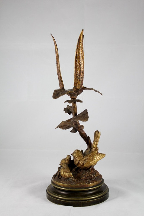 Bronze candle holder sculpture 'Perdix feeding his partridges' late 19th century