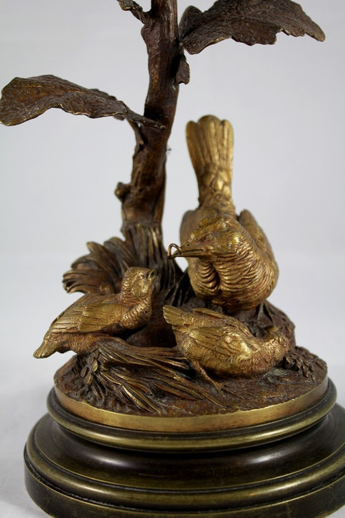 Bronze candle holder sculpture 'Perdix feeding his partridges' late 19th century