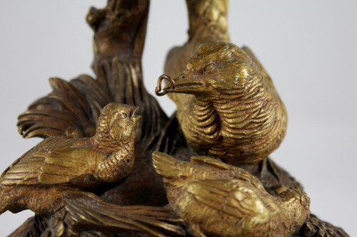 Bronze candle holder sculpture 'Perdix feeding his partridges' late 19th century