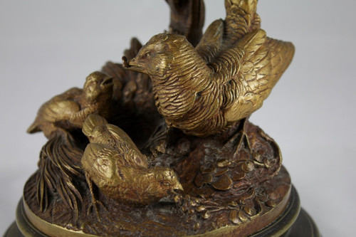 Bronze candle holder sculpture 'Perdix feeding his partridges' late 19th century