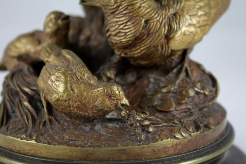 Bronze candle holder sculpture 'Perdix feeding his partridges' late 19th century